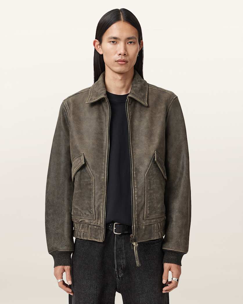 AllSaints Marland Aviator Leather Jacket Black/Beige