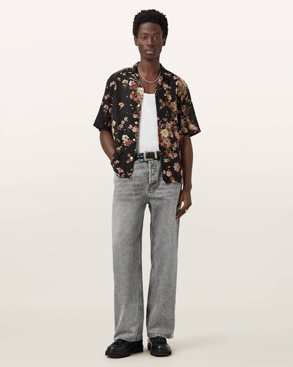 AllSaints Lenny Loose Fit Wide Leg Denim Jeans Light Grey
