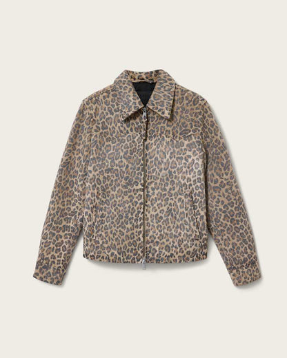 AllSaints Dellcot Leopard Print Suede Jacket Peanut Brown