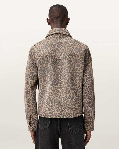 AllSaints Dellcot Leopard Print Suede Jacket Peanut Brown