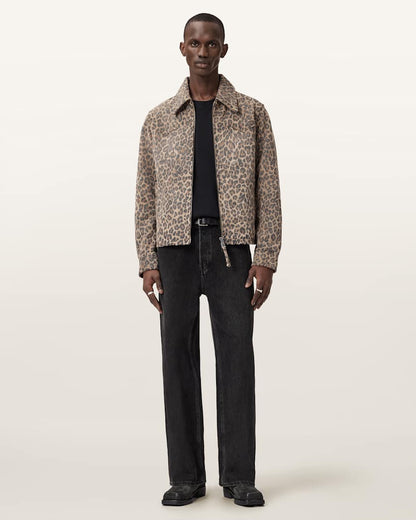 AllSaints Dellcot Leopard Print Suede Jacket Peanut Brown