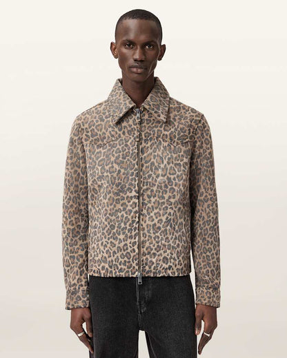 AllSaints Dellcot Leopard Print Suede Jacket Peanut Brown