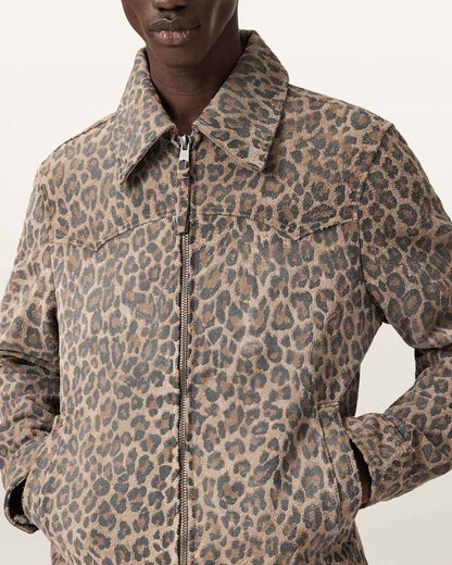 AllSaints Dellcot Leopard Print Suede Jacket Peanut Brown