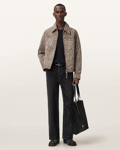 AllSaints Dellcot Leopard Print Suede Jacket Peanut Brown