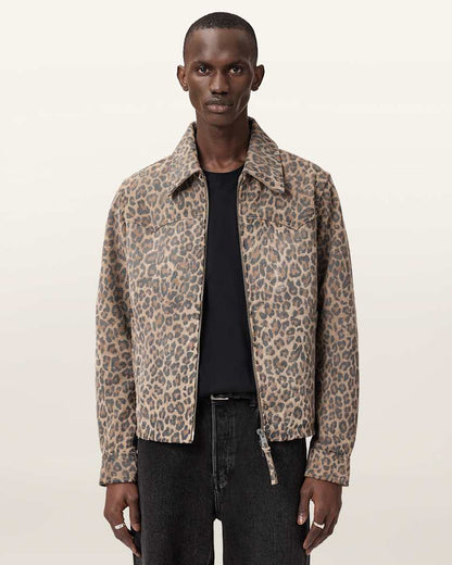 AllSaints Dellcot Leopard Print Suede Jacket Peanut Brown
