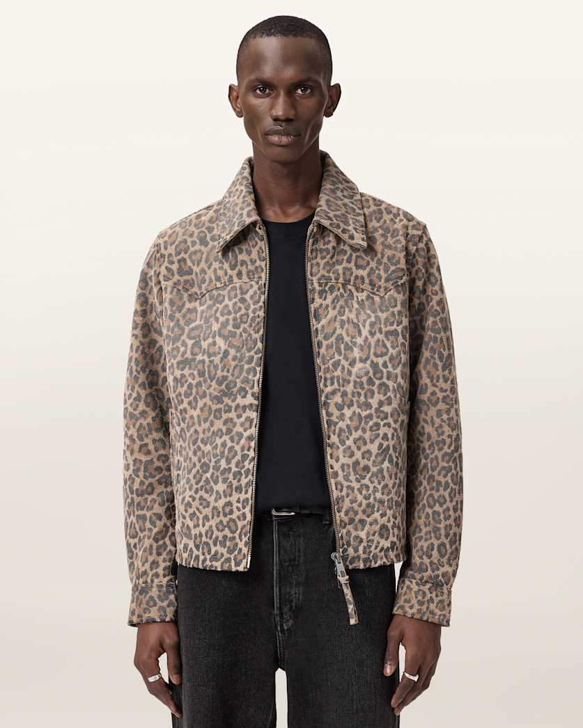 AllSaints Dellcot Leopard Print Suede Jacket Peanut Brown