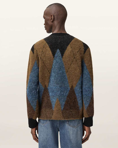 AllSaints Bernie Oversized Argyle Cardigan Cider Brown