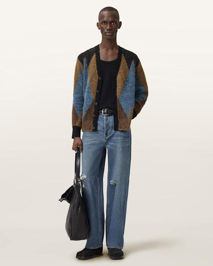 AllSaints Bernie Oversized Argyle Cardigan Cider Brown