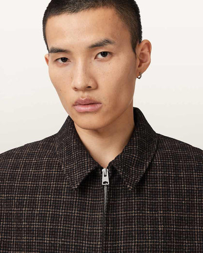 AllSaints City Hall Check Jacket Anchor Brown
