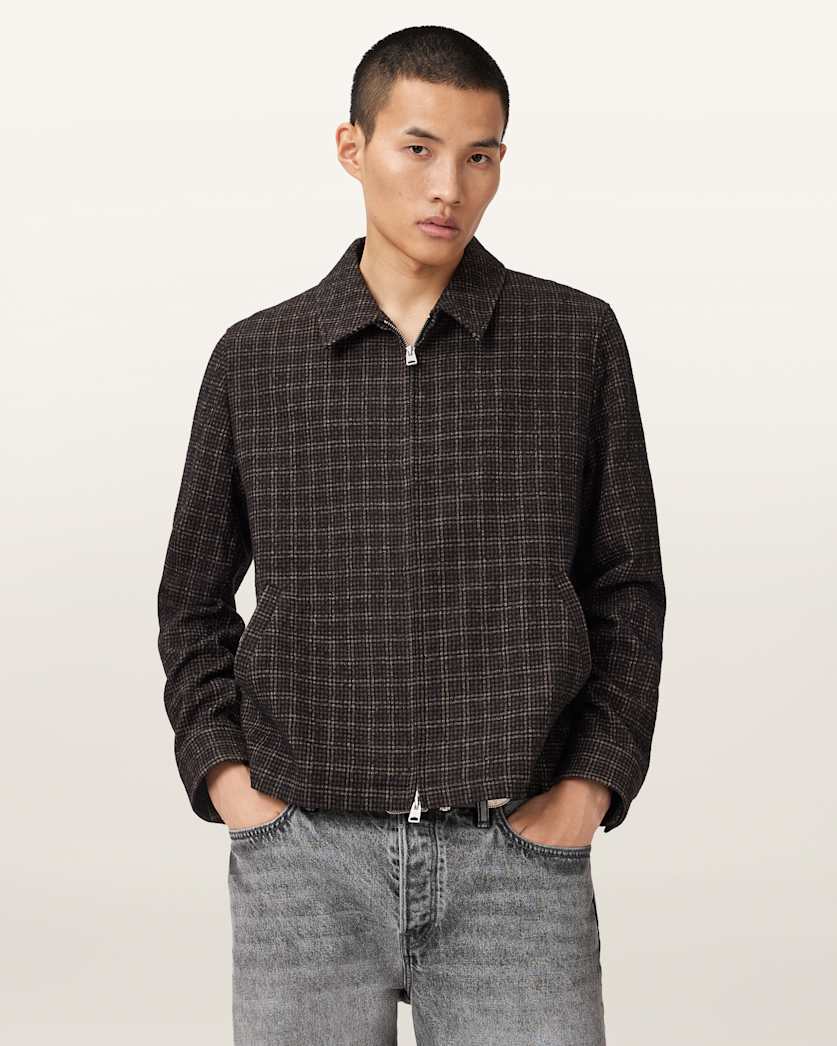 AllSaints City Hall Check Jacket Anchor Brown