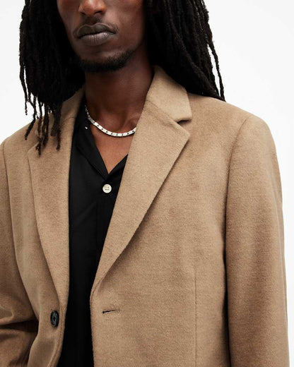 AllSaints Hal Single Breasted Wool Blend Coat Camel Brown