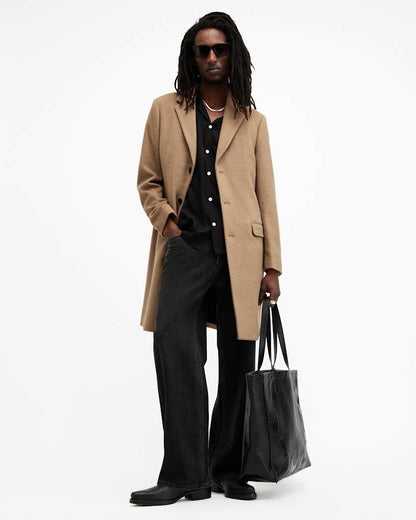 AllSaints Hal Single Breasted Wool Blend Coat Camel Brown