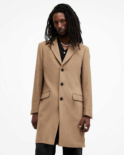 AllSaints Hal Single Breasted Wool Blend Coat Camel Brown