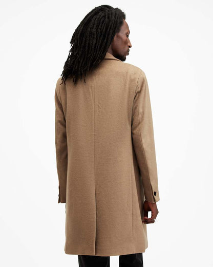 AllSaints Hal Single Breasted Wool Blend Coat Camel Brown