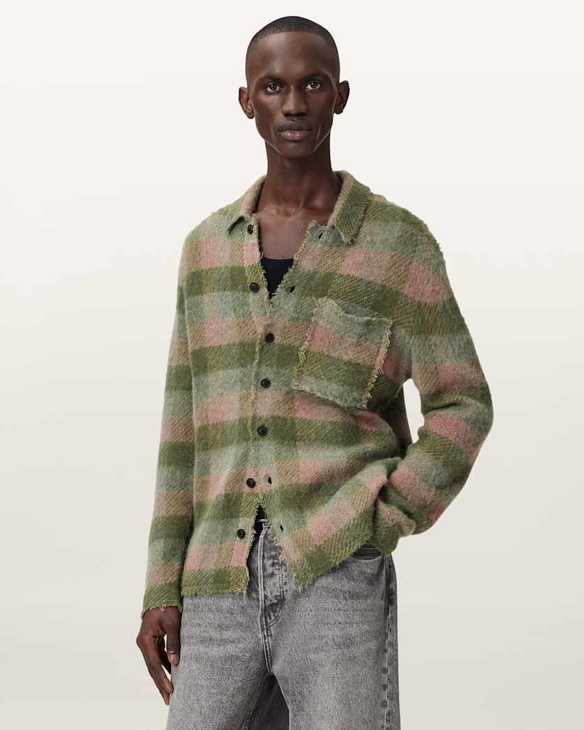 AllSaints Adler Jacquard Plaid Cardigan Sunbaked Pink