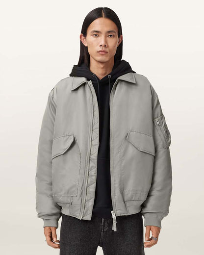 AllSaints Camber Oversized Bomber Jacket Warm Grey