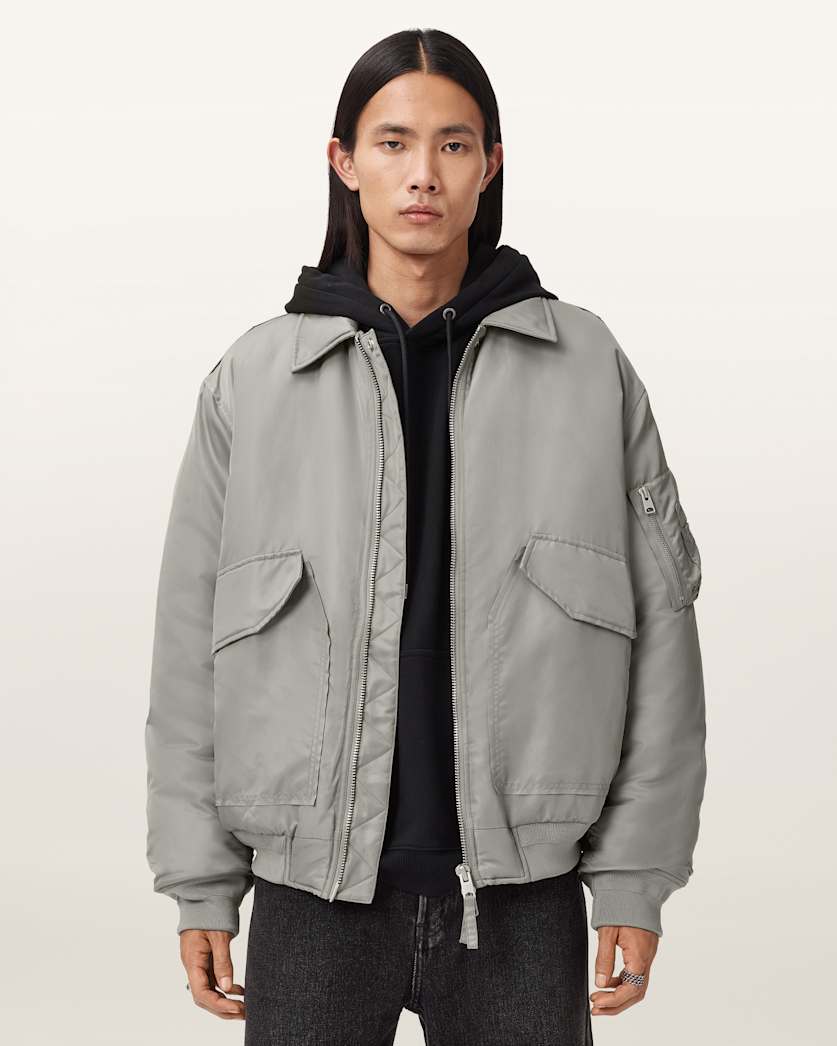 AllSaints Camber Oversized Bomber Jacket Warm Grey