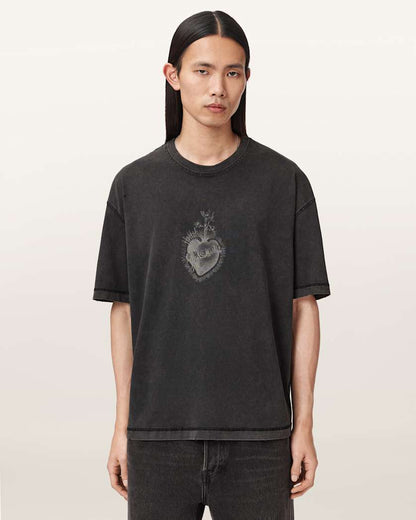 AllSaints Sabbath Boxy Embellished Graphic T Shirt Washed Black