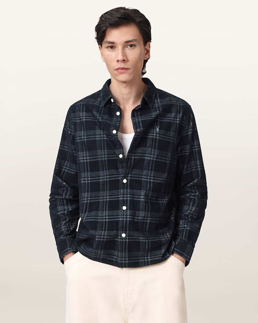 AllSaints Rockley Ramskull Checked Shirt Surge Black
