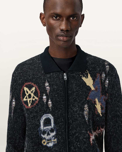 AllSaints Meller Zip Up Jacquard Cardigan Black
