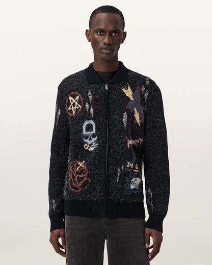 AllSaints Meller Zip Up Jacquard Cardigan Black