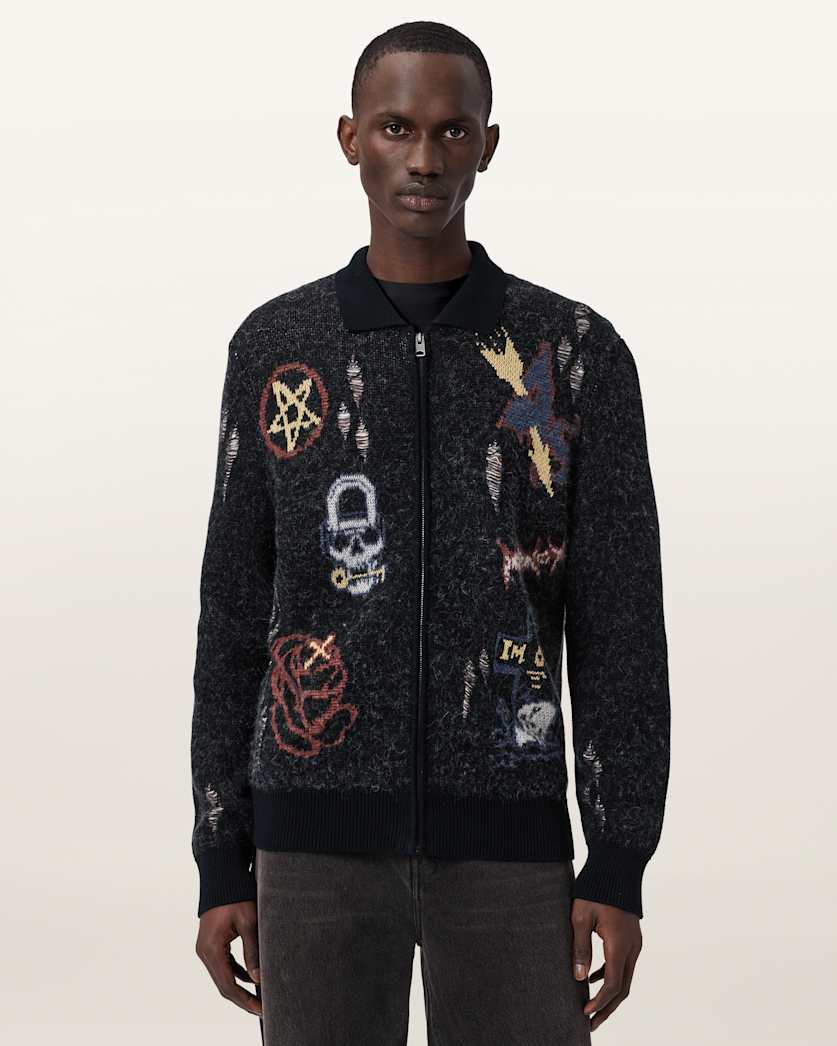 AllSaints Meller Zip Up Jacquard Cardigan Black