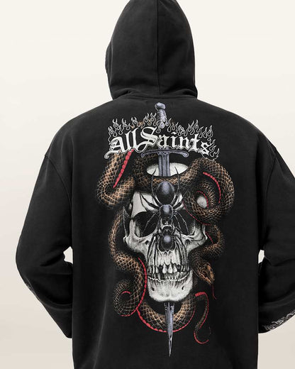 AllSaints Araknid Long Sleeve Cotton Hoodie Washed Black