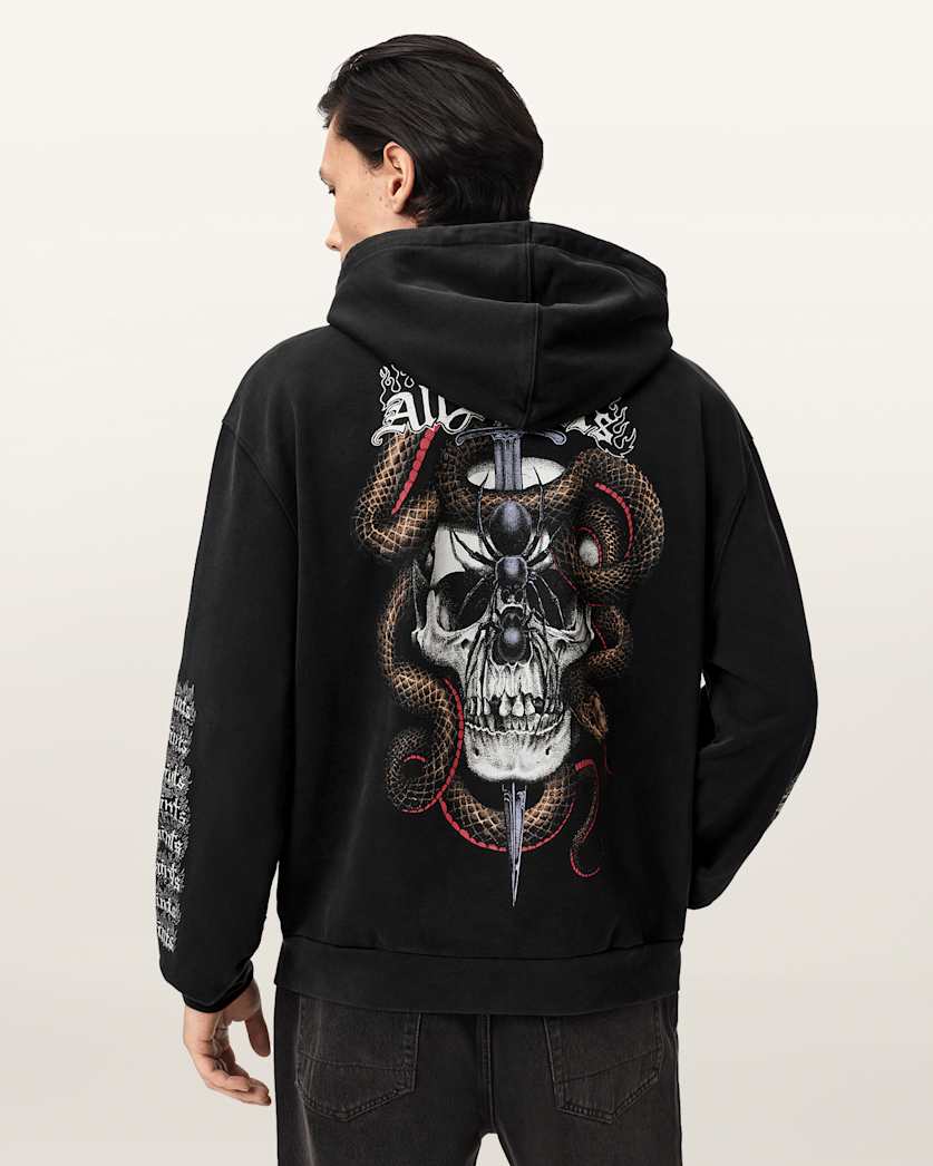 AllSaints Araknid Long Sleeve Cotton Hoodie Washed Black