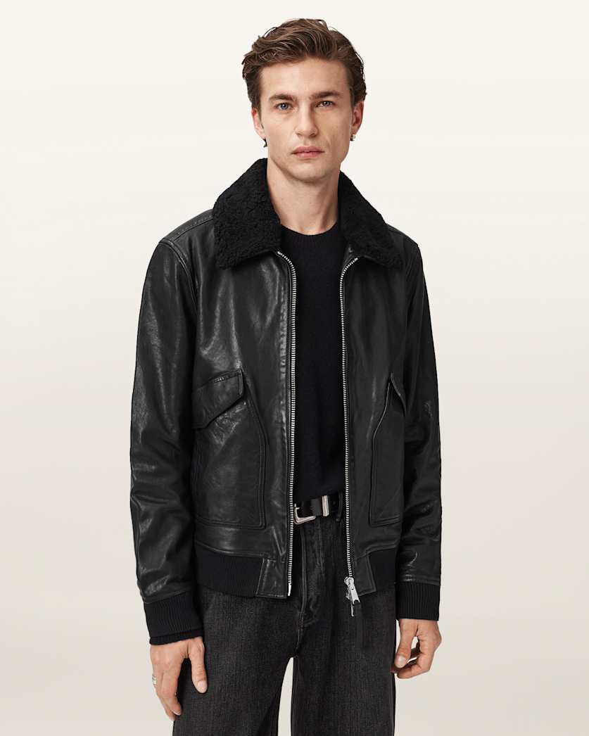 AllSaints Vaucluse Aviator Leather Jacket Black
