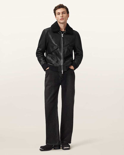AllSaints Vaucluse Aviator Leather Jacket Black