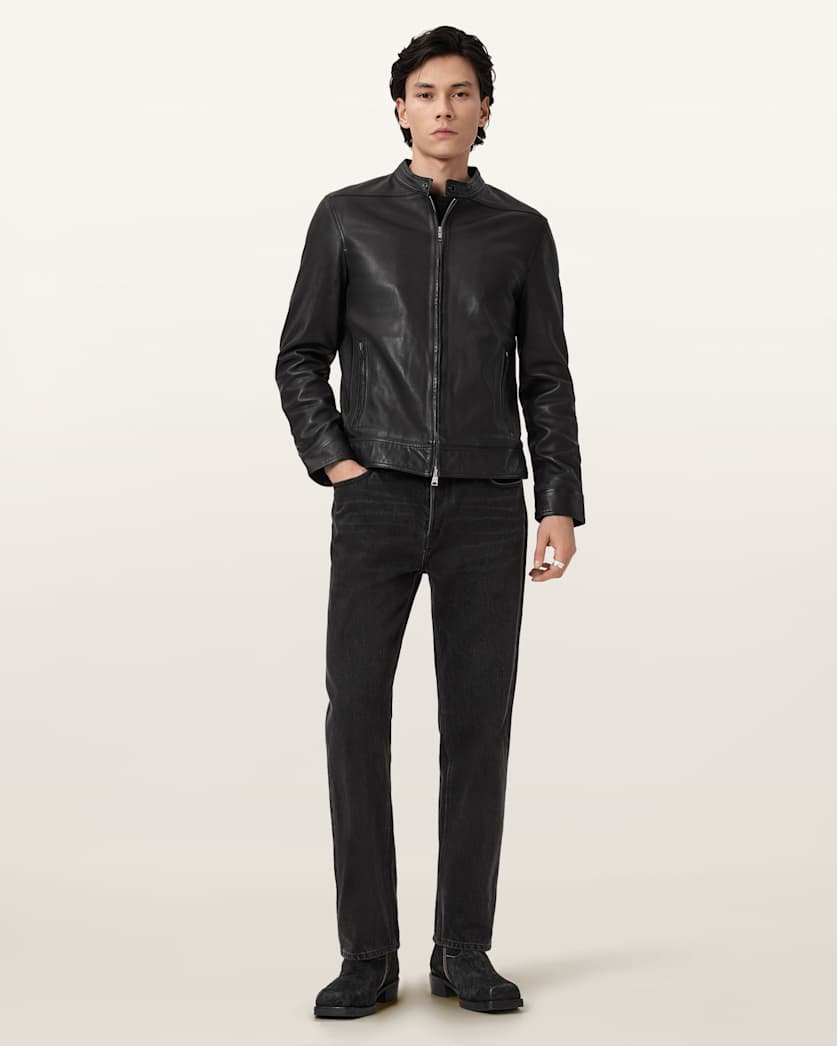 AllSaints Holt Slim Fit Leather Jacket Black