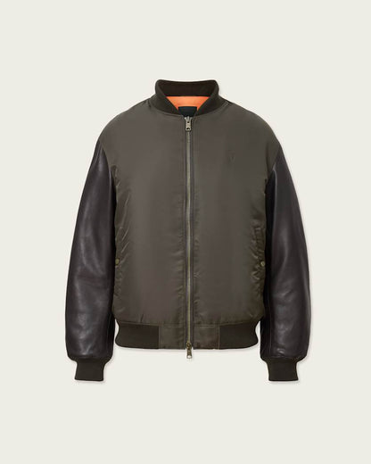 AllSaints Myler Ramskull Leather Bomber Jacket Khaki