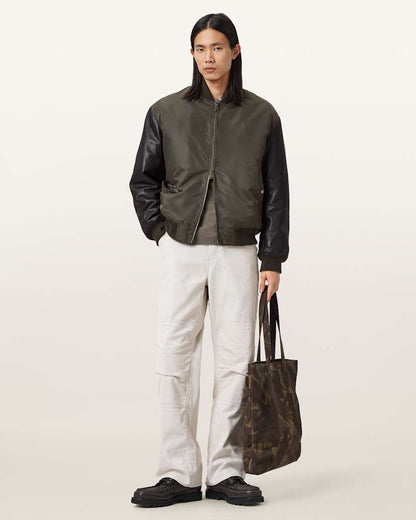 AllSaints Myler Ramskull Leather Bomber Jacket Khaki