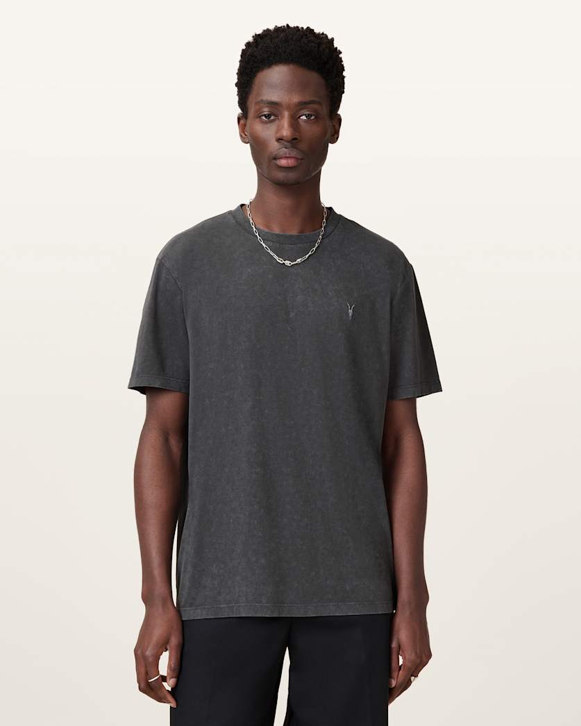 AllSaints Saka Short Sleeve Crew Neck Ramskull T Shirt Washed Black