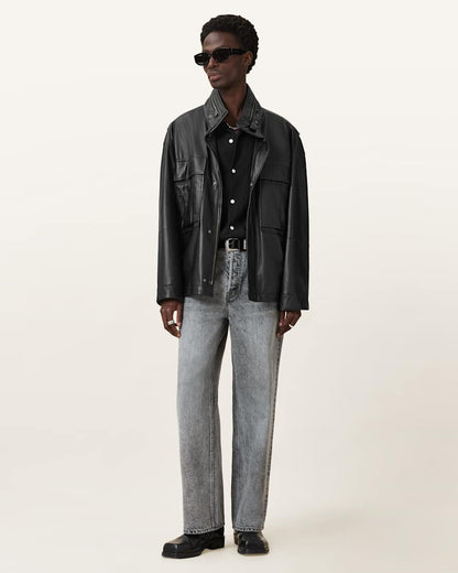 AllSaints Halton Funnel Collar Leather Jacket Black