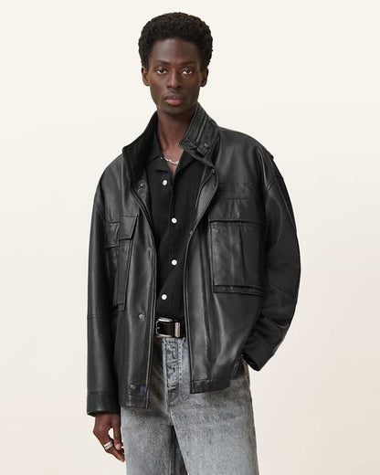 AllSaints Halton Funnel Collar Leather Jacket Black