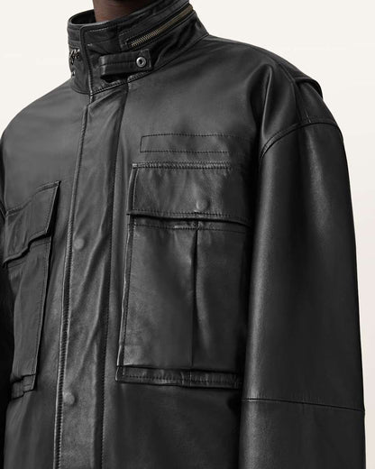 AllSaints Halton Funnel Collar Leather Jacket Black