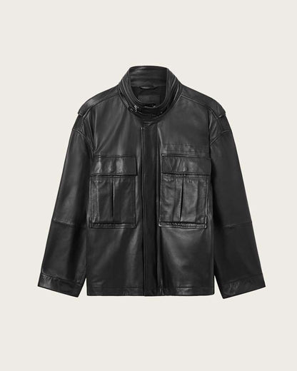 AllSaints Halton Funnel Collar Leather Jacket Black