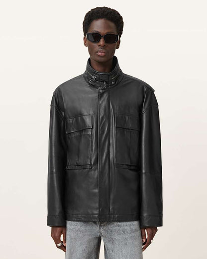 AllSaints Halton Funnel Collar Leather Jacket Black