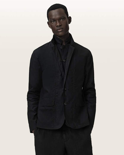 AllSaints Leat Slim Fit Double Breasted Blazer Black