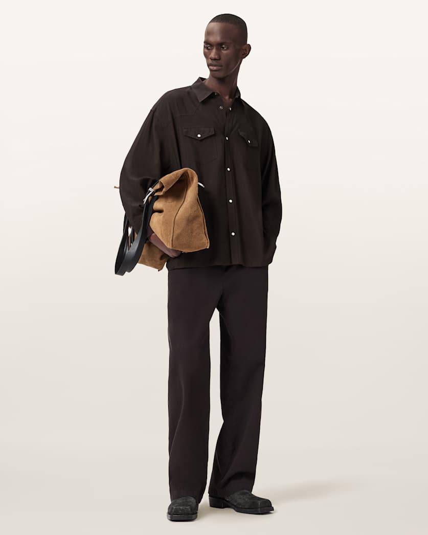 AllSaints Pickett Oversized Long Sleeve Shirt Brown