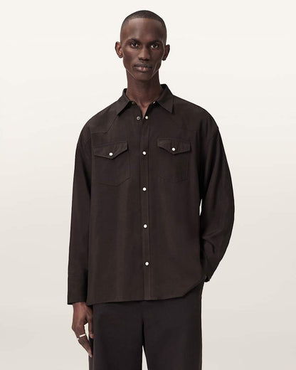AllSaints Pickett Oversized Long Sleeve Shirt Brown