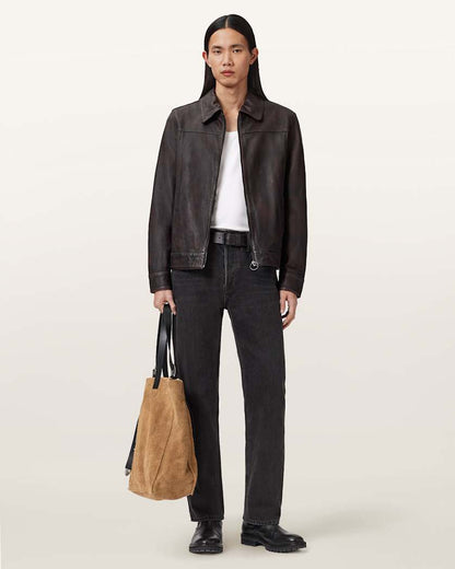 AllSaints Alkan Zip Up Two Tone Leather Jacket Oxblood Red