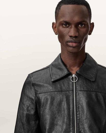 AllSaints Alkan Zip Up Two Tone Leather Jacket Oxblood Red