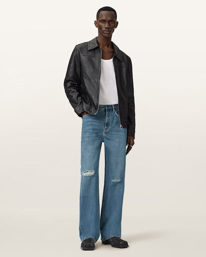 AllSaints Lenny Loose Fit Wide Leg Denim Jeans Destroy Mid Indigo