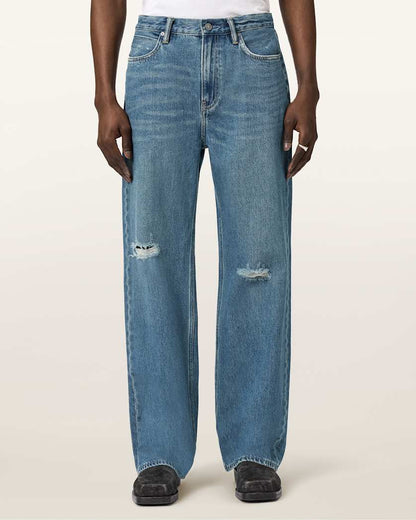 AllSaints Lenny Loose Fit Wide Leg Denim Jeans Destroy Mid Indigo