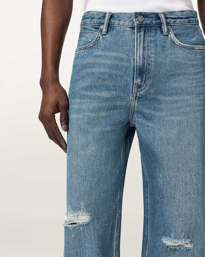 AllSaints Lenny Loose Fit Wide Leg Denim Jeans Destroy Mid Indigo