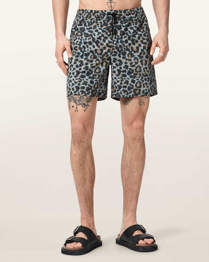 AllSaints Silesia Leopard Print Slim Fit Swim Shorts Clouded Grey