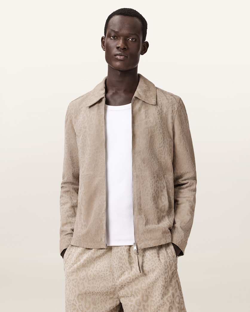 AllSaints Hockley Suede Animal Print Jacket Pasilla Brown