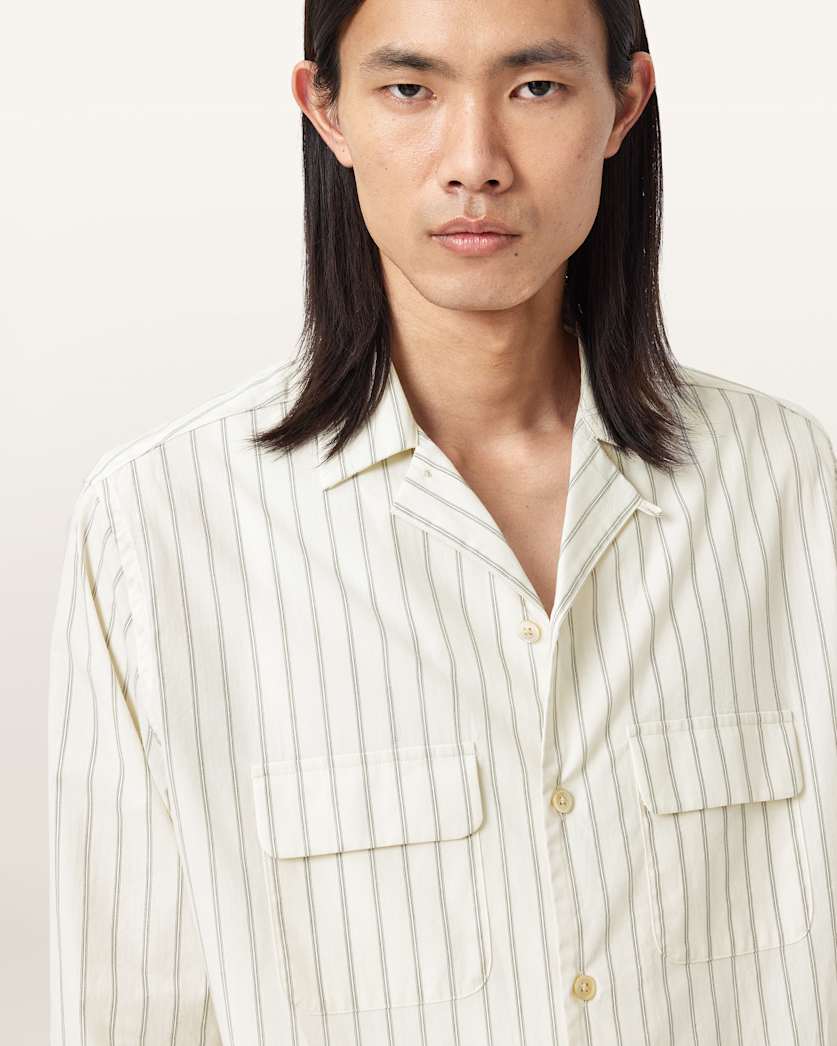 AllSaints Stanley Striped Long Sleeve Shirt Soap White